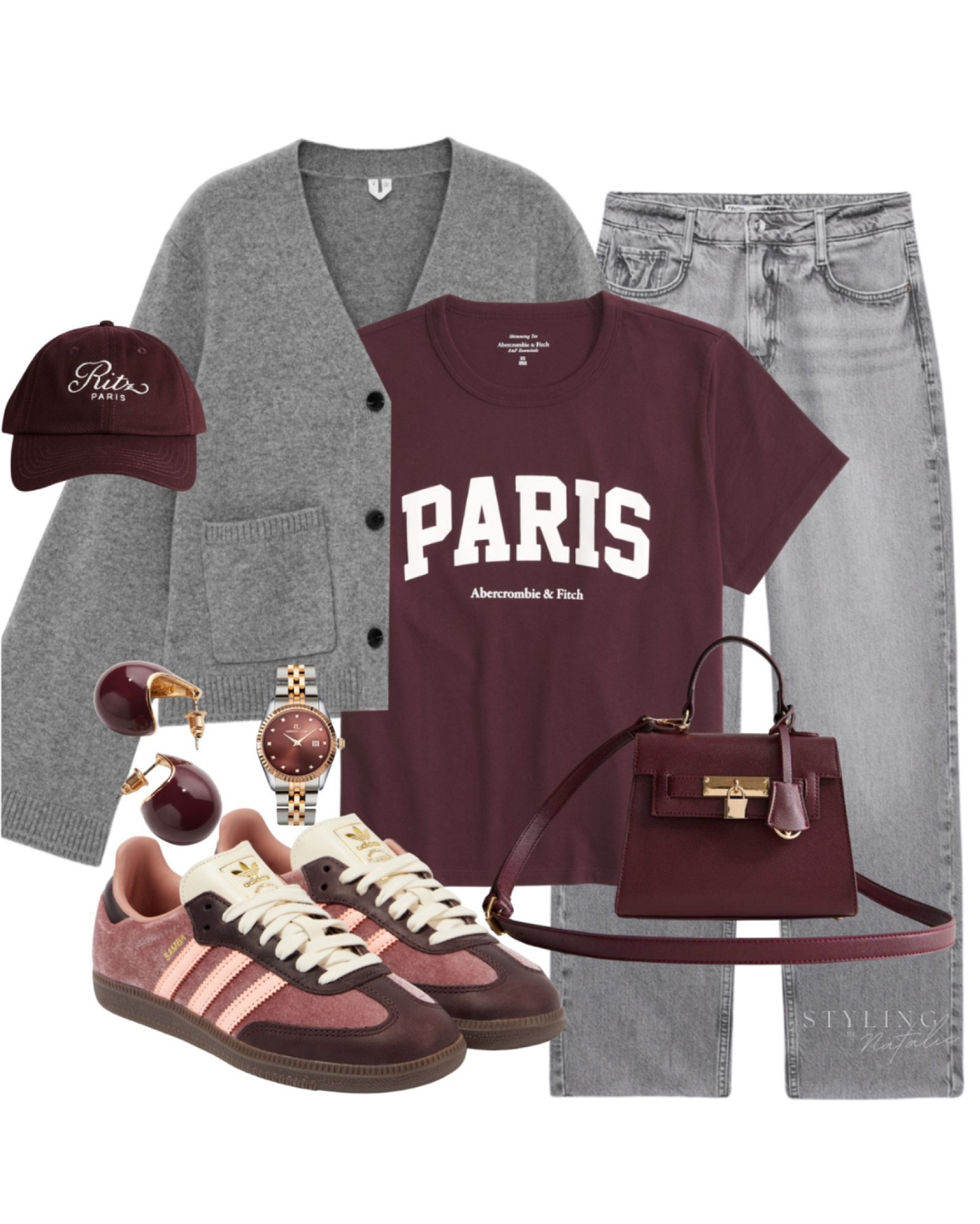 Casual everyday look, grey wool cardigan, Paris logo t-shirt, grey jeans, Adidas Samba trainers, burgundy top handle bag, burgundy baseball cap. 

#LTKeurope #LTKstyletip #LTKshoes