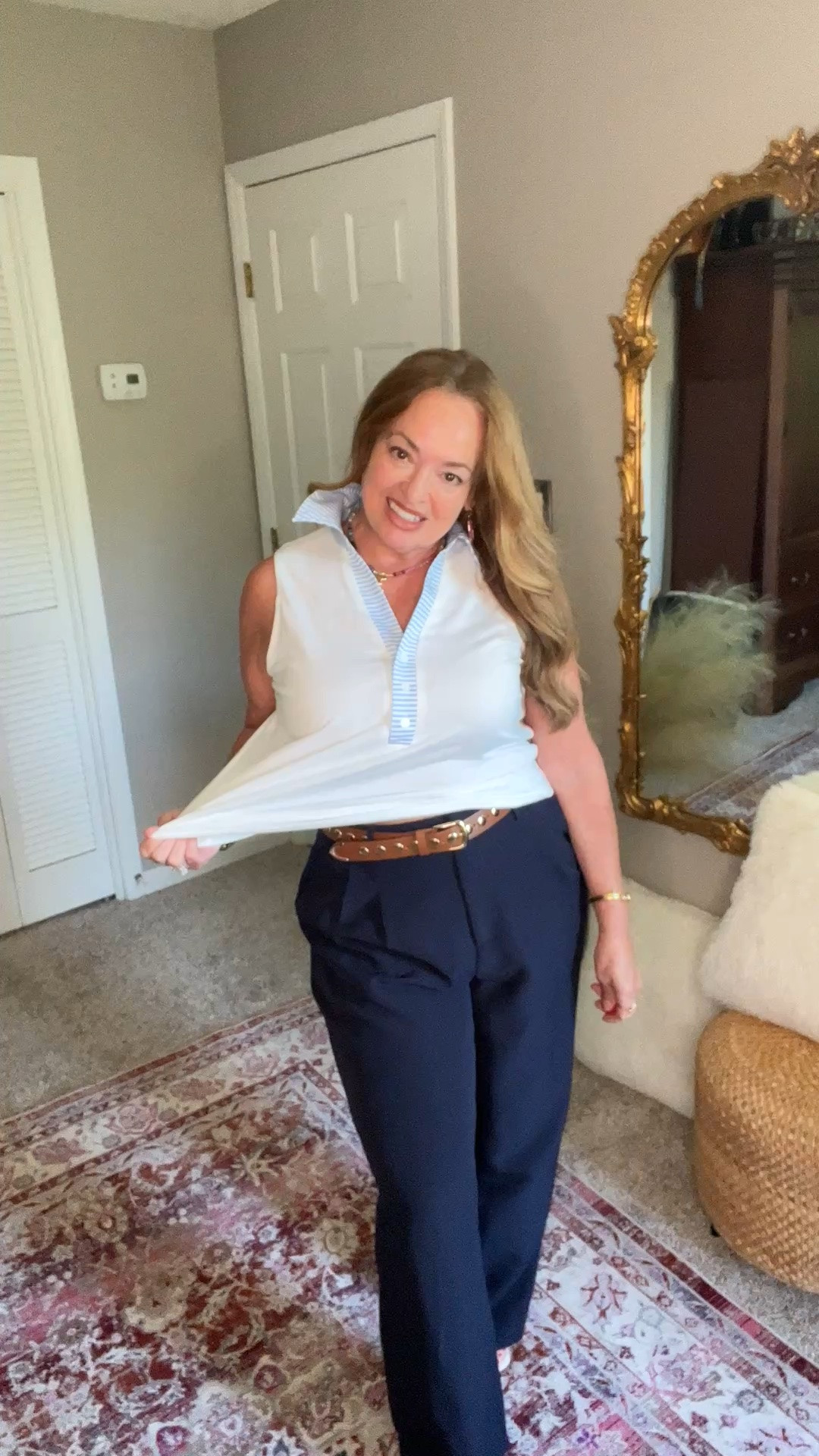 Simple summer easy sleeve less blouse with striped collar detail. Its giving Natucket coastal vibes… perfect for business and casual.

#LTKTravel #LTKWorkwear #LTKgrwm