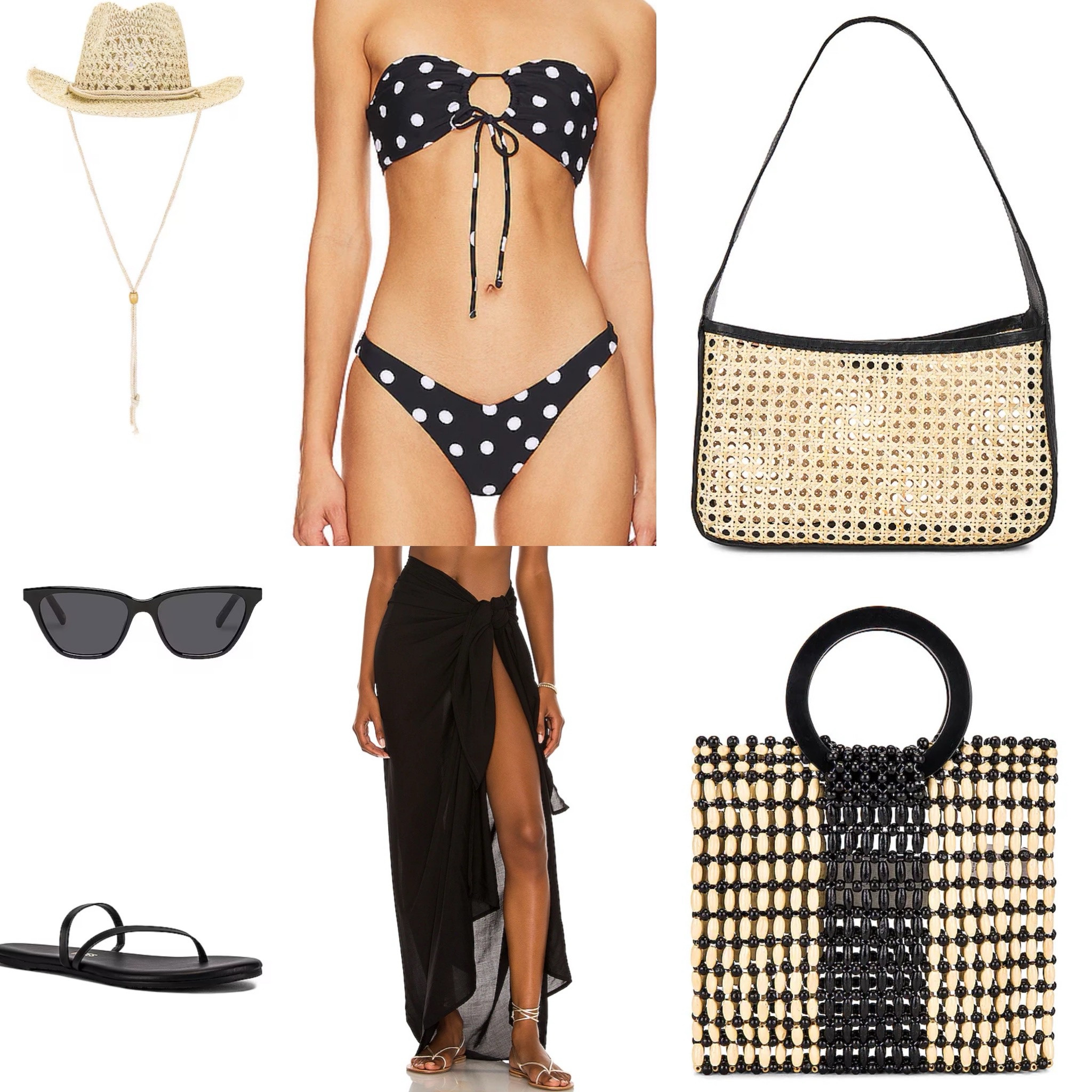 Travel Outfit, summer outfit, spring outfit, resort wear, polka dots, black bikini, black coverup, black sandals, straw hat, black sunglasses, beach bag, sarongs, purse, shoulder bag, cowboy hat, vacation outfit  

#LTKswim #LTKitbag #LTKtravel