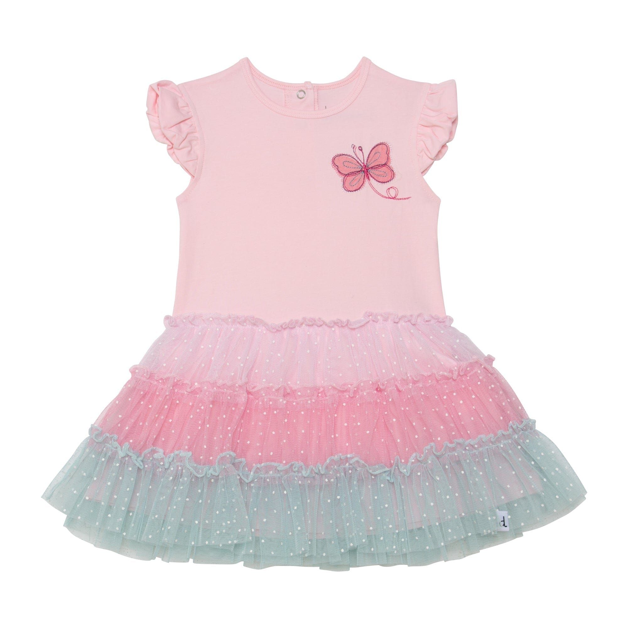 Organic Cotton Short Sleeve Dress With Ruffle Tulle Skirt Light Pink | Deux par Deux Childrens Designer Clothing