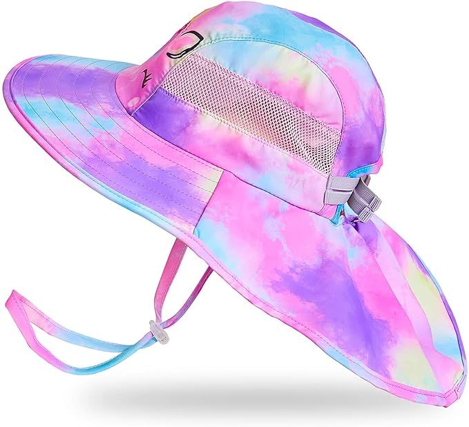Kids Sun Hat UV Protection Unicorn Summer Beach Play Hats Wide Brim Neck Flap for Girls 2-9 Years | Amazon (US)