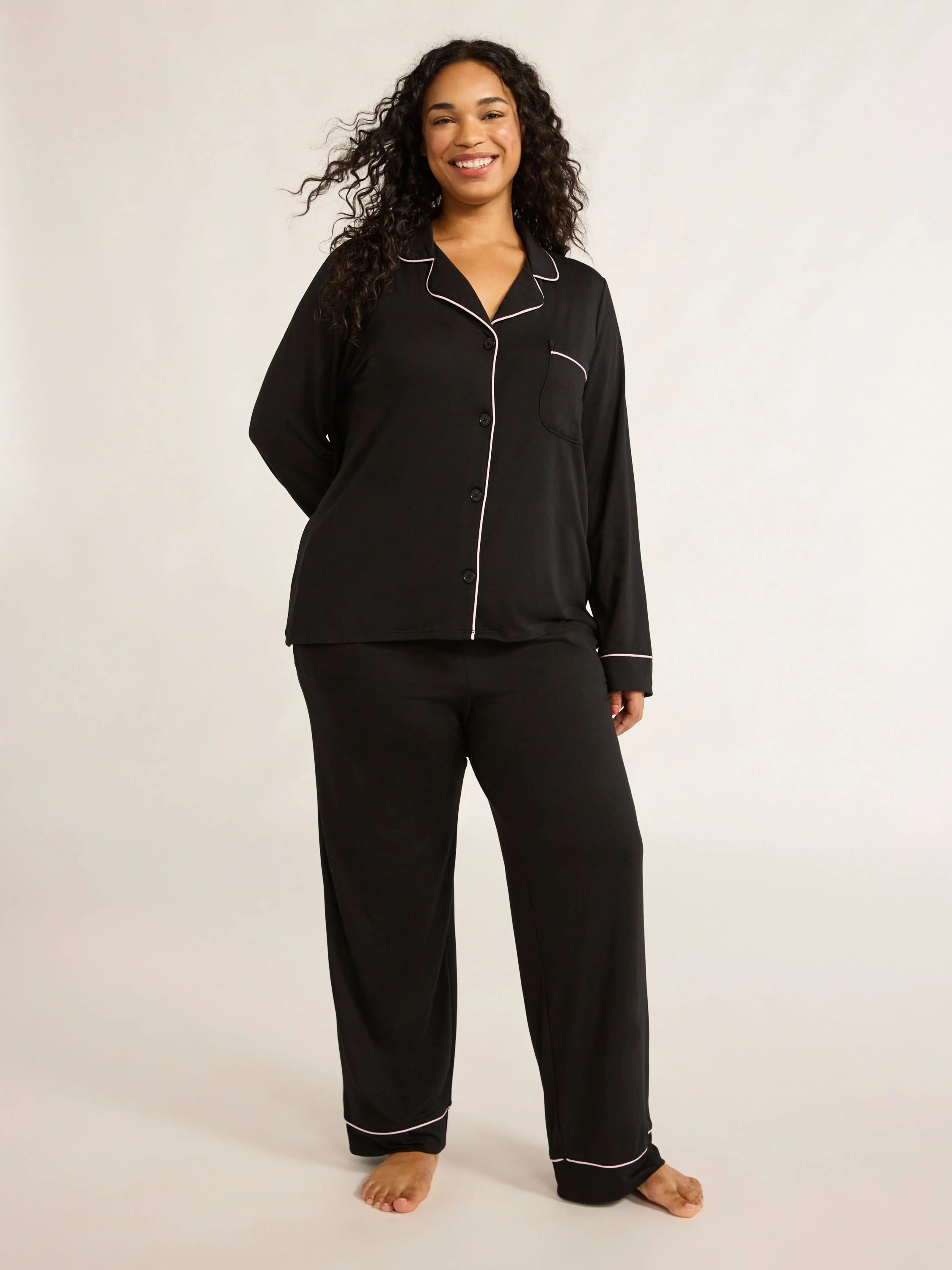 Joyspun Women's Cozy Jersey Notch Collar Top and Pants Pajama Set, 2-Piece, Sizes XS-4X | Walmart (US)