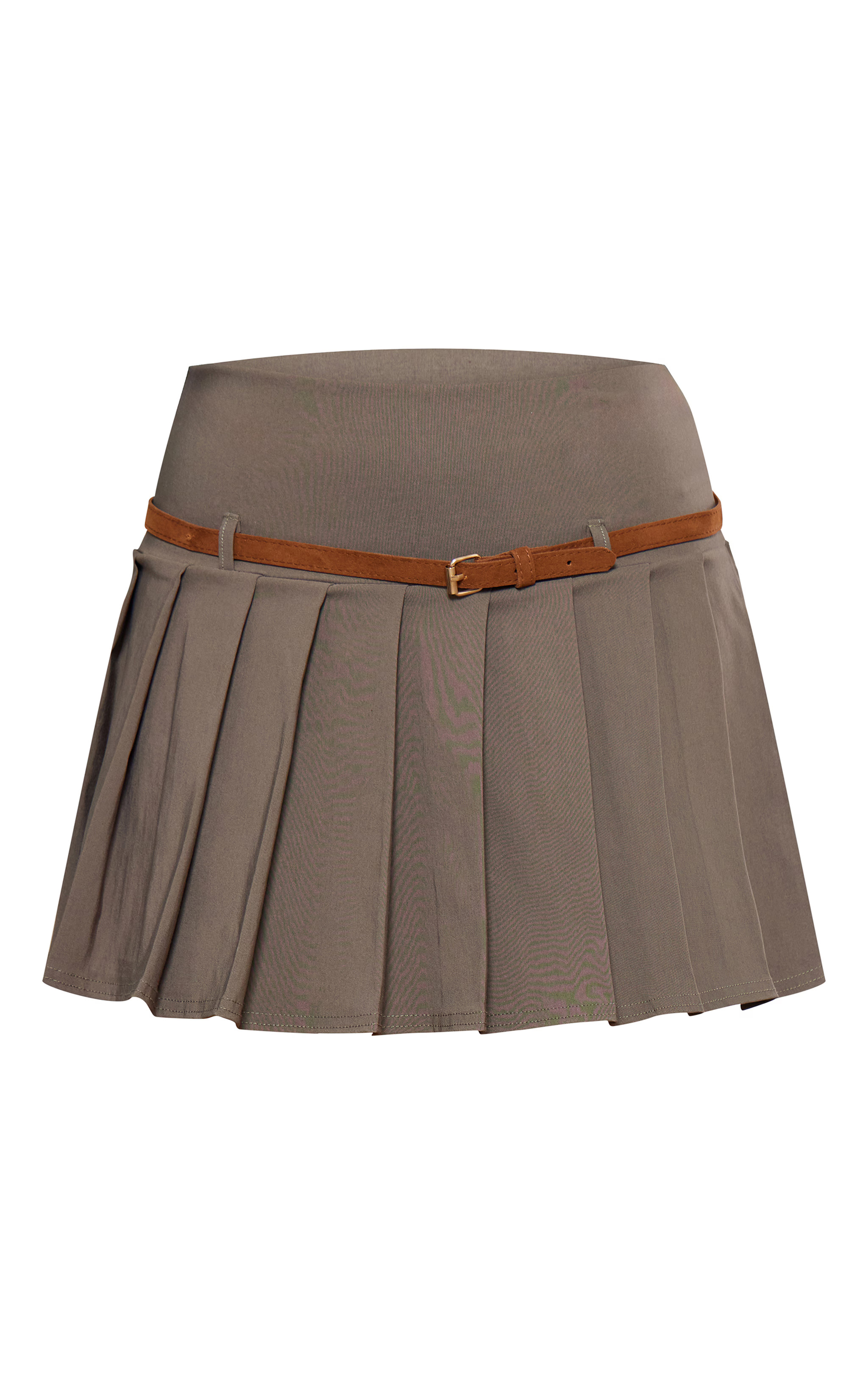 Khaki Stretch Woven Belt Pleated Mini Skirt | PrettyLittleThing US