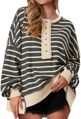 PRETTYGARDEN Womens Fall 2025 Striped Oversized Sweatshirt Long Sleeve Button Up Henley Neck Waff... | Amazon (US)