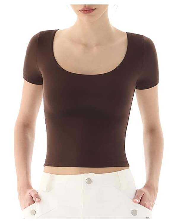 PUMIEY Women's Scoop Neck Short Sleeve T Shirt Slim Fit Sexy Tops Smoke Cloud Collection | Amazon (US)