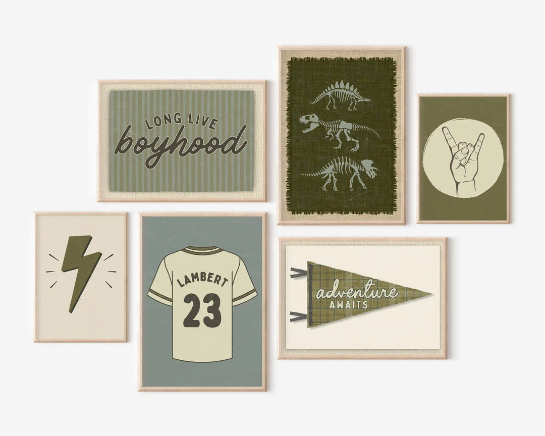 Boys Gallery Wall Art Set 6 Dinosaur Poster Adventure Awaits Pennant Flag Long Live Boyhood Retro... | Etsy (US)
