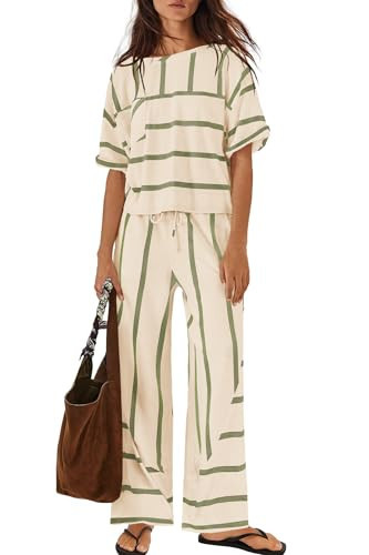 Panadila Womens Striped Set 2 Piece Summer Travel Vacation Outfits Oversized Loungewear Matching Set Tops and Pants(Khaki,S) | Amazon (US)