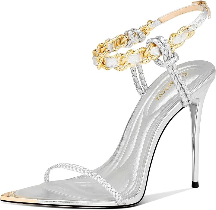 Gold Strappy Stiletto Heels for Women Metallic Ankle Strap Open Toe High Heel Sandals Elegant Dre... | Amazon (US)