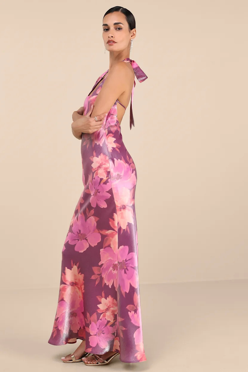 Lashay Purple and Pink Floral Satin Halter Mermaid Maxi Dress | Lulus