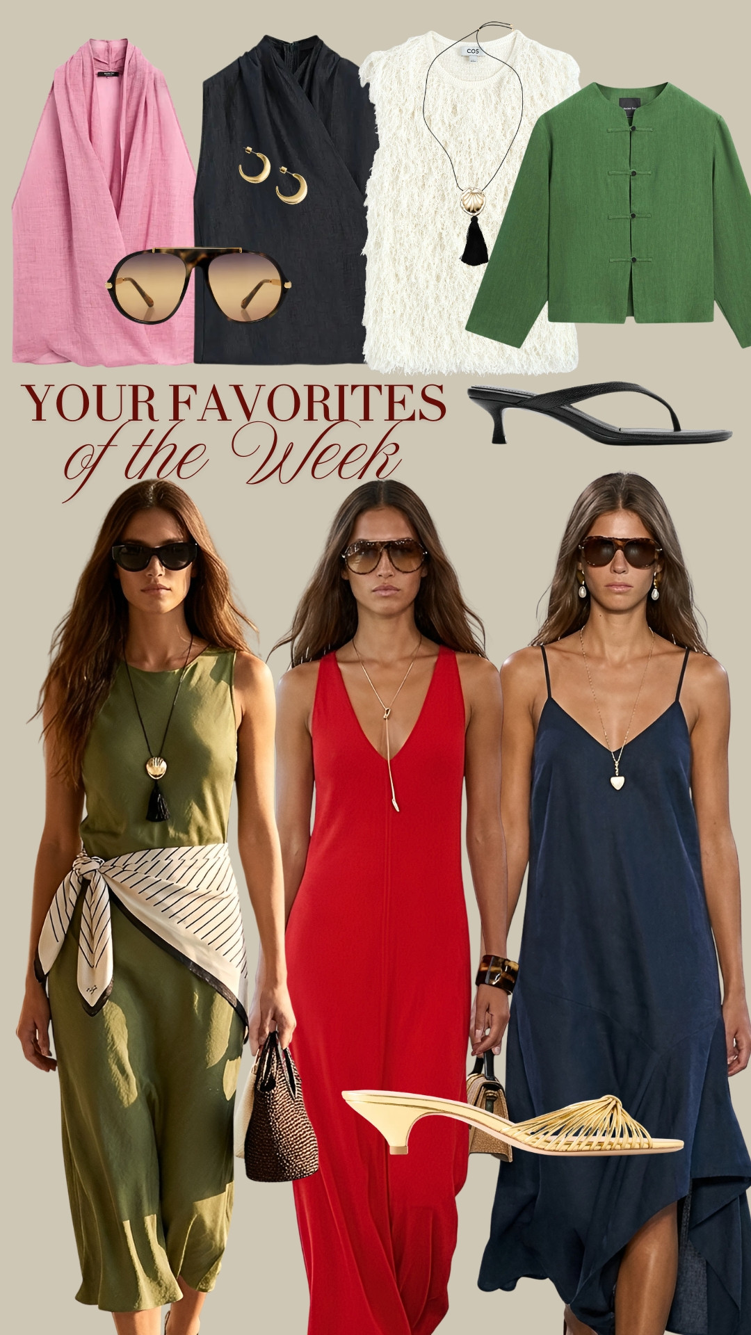 BESTSELLERS OF THE WEEK ✨ Your most loved summer pieces of the week ✨ TAGS: pink halter top, black halter top, fringed knitted top, green linen overshirt Massimo Dutti, aviator sunglasses, strappy sandals, navy dress Massimo Dutti, red dress Massimo Dutti, golden sandals, green dress Massimo Dutti, summer necklace, raffia bag, black strappy kitten heels, golden earrings 

 #LTKootd #LTKSeasonal #LTKOver40