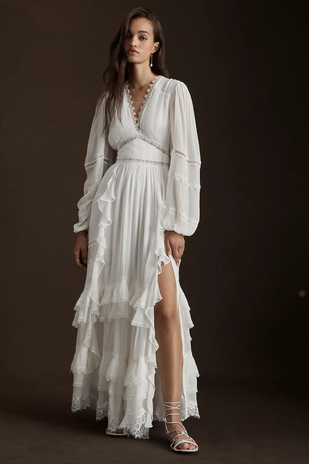 Rococo Sand Mia Ruffled Lace Long-Sleeve V-Neck Gown | Anthropologie (US)