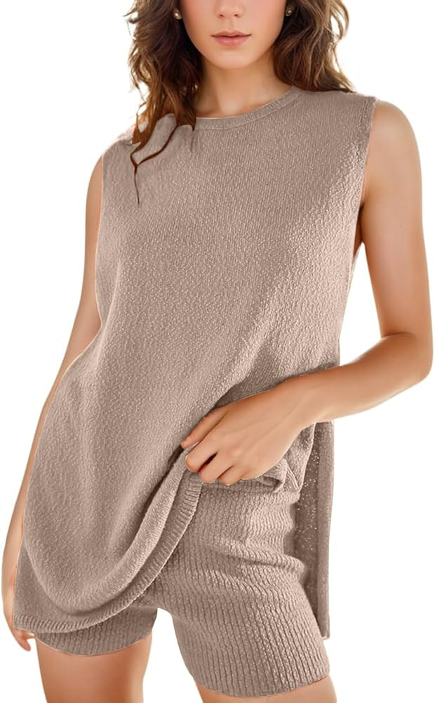 Women's 2 Piece Outfits Summer Sweater Set Sleeveless Knit Sets Two Piece Women Summer Outfits Sh... | Amazon (US)