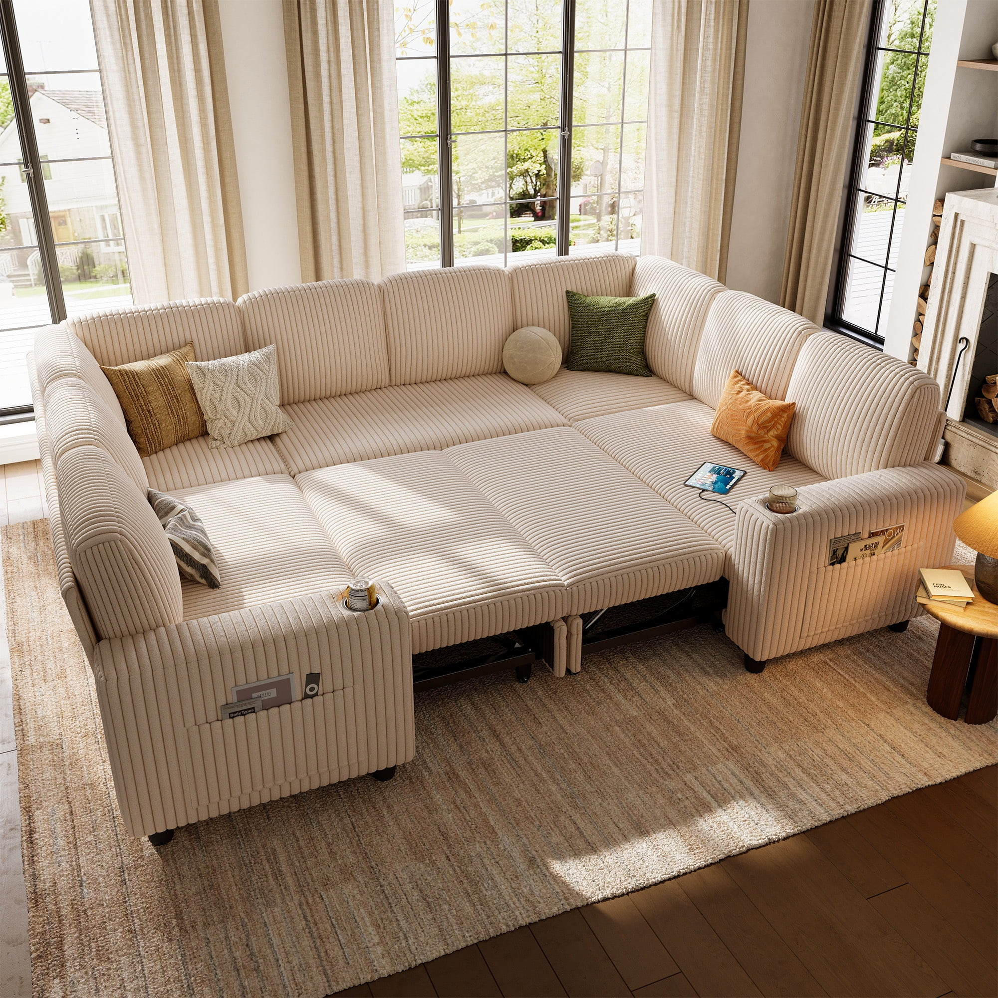 Linsy Home Storage Sectional Sleeper Sofa with Pull Out Bed, 8 Seat Modular Sectional Sofa with w... | Walmart (US)