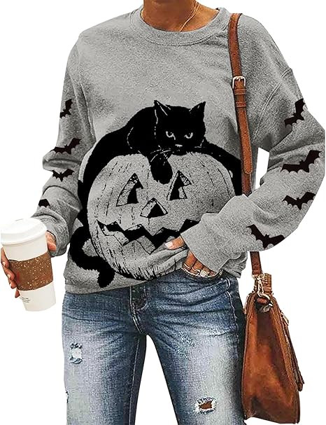 Black Cat on Pumpkin Sweatshirt Halloween Sweatshirts for Women Fall Pumpkin Face Tee Lightweight... | Amazon (US)