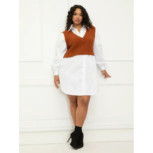 ELOQUII Elements Women's Plus Size Shirt Dress With Sweater Vest - Walmart.com | Walmart (US)