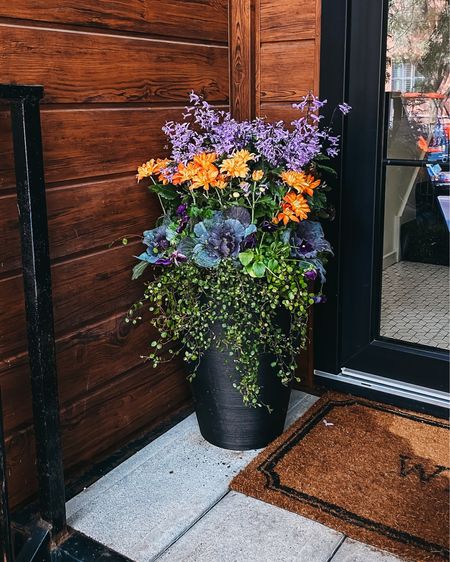 Fall Porch Decor: Black Grooved Outdoor Planter on Front Step Filled with Mums and Cabbage. Linking similar welcome mats, too.

#LTKSeasonal #LTKhome