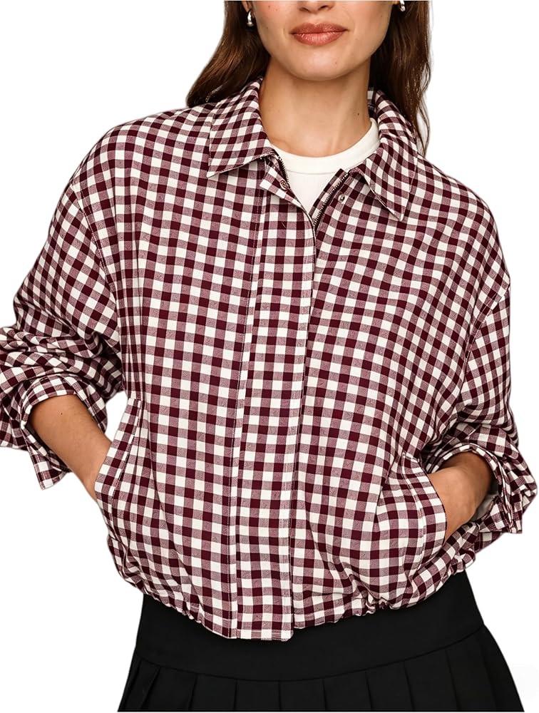 Women's gingham Cropped Jacket Trench Coat Lightweight Zip-Up Lounge Plaid Shacket Outwear with P... | Amazon (US)