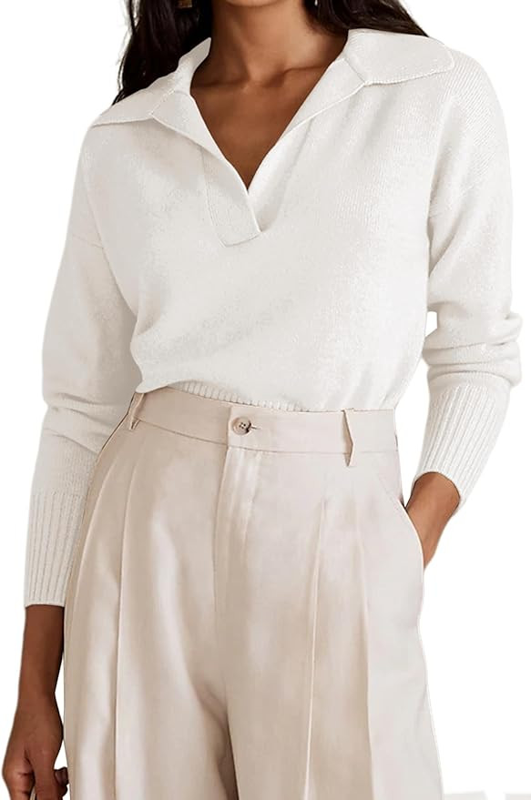 Ythomm Women V Neck Drop Shoulder Cropped Sweater Polo Casual Lapel Collar Long Sleeve Knitted Sw... | Amazon (US)