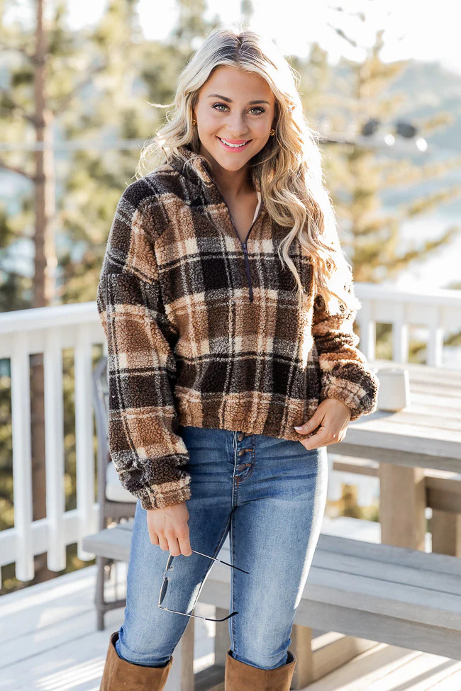 Arizona Skies Brown Plaid Sherpa Pullover | Pink Lily
