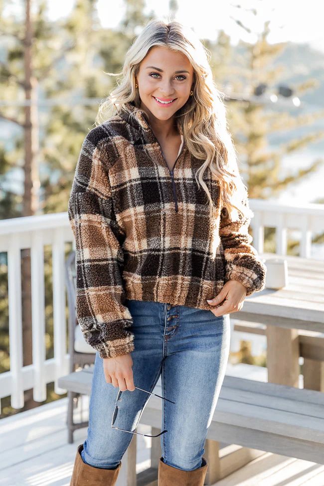 Arizona Skies Brown Plaid Sherpa Pullover | Pink Lily