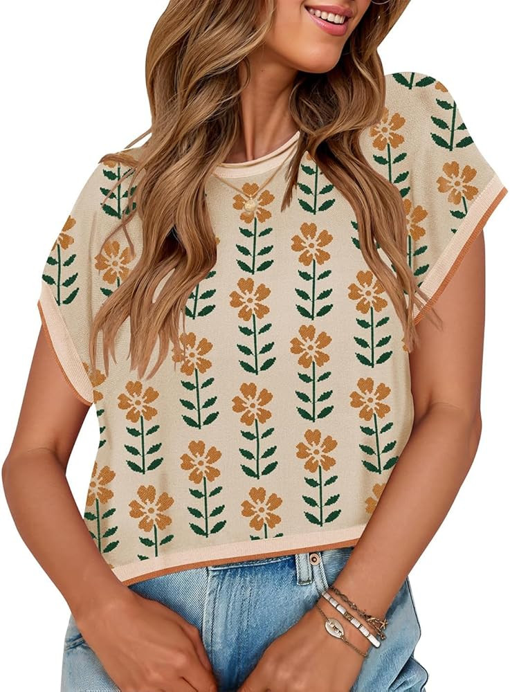 ZESICA Womens Summer Casual Printed Tops Cap Sleeve Crew Neck Cute Knit Sweaters 2025 Trendy Clot... | Amazon (US)