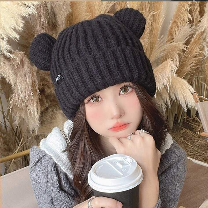 1pc Black Knitted Hat With Thickened Ear Protection, Cute & Fashionable Cat Ear Design, Winter Wa... | SHEIN