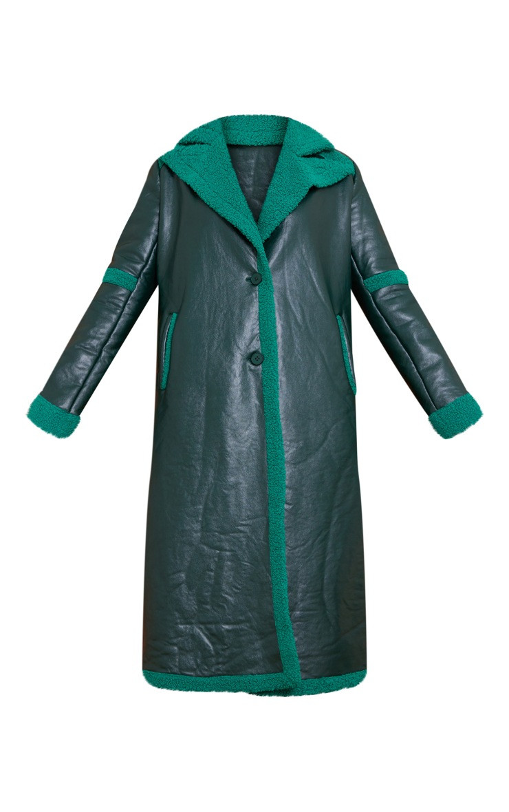 Green Faux Leather Borg Lined Oversized Coat | PrettyLittleThing US