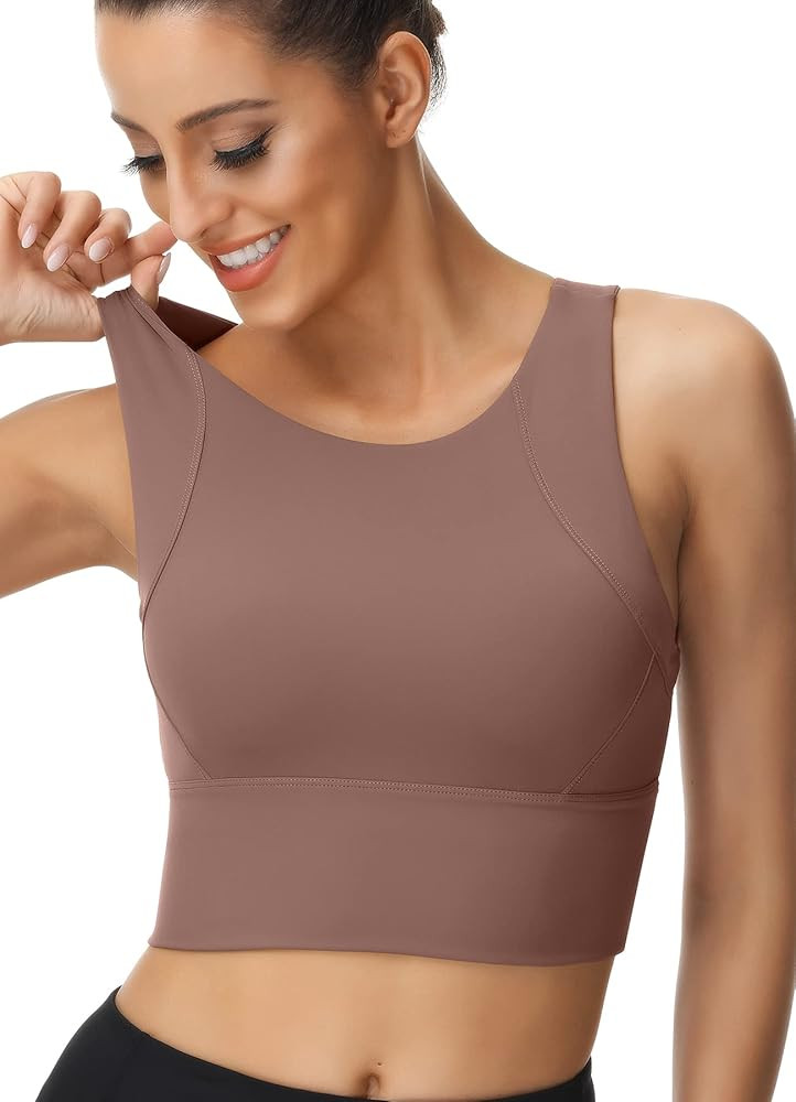High Neck Sports Bra for Women Longline Full Coverage Sports Bras Medium Impact Padded Workout Cr... | Amazon (US)