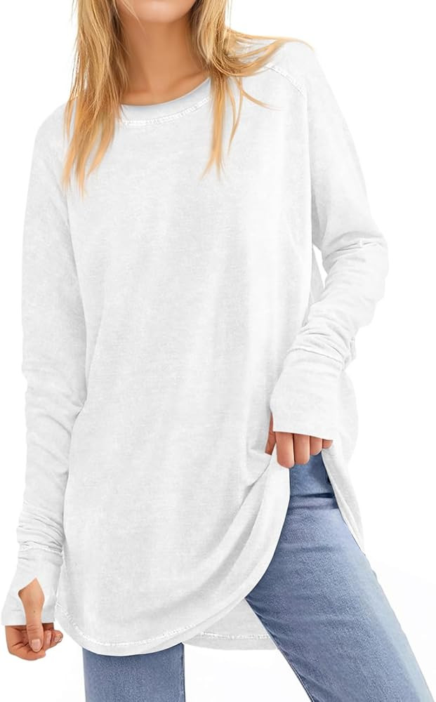 Tankaneo Womens Oversized Long Sleeve Shirts Vintage Washed Casual Loose Fit Tunic Tops with Thum... | Amazon (US)