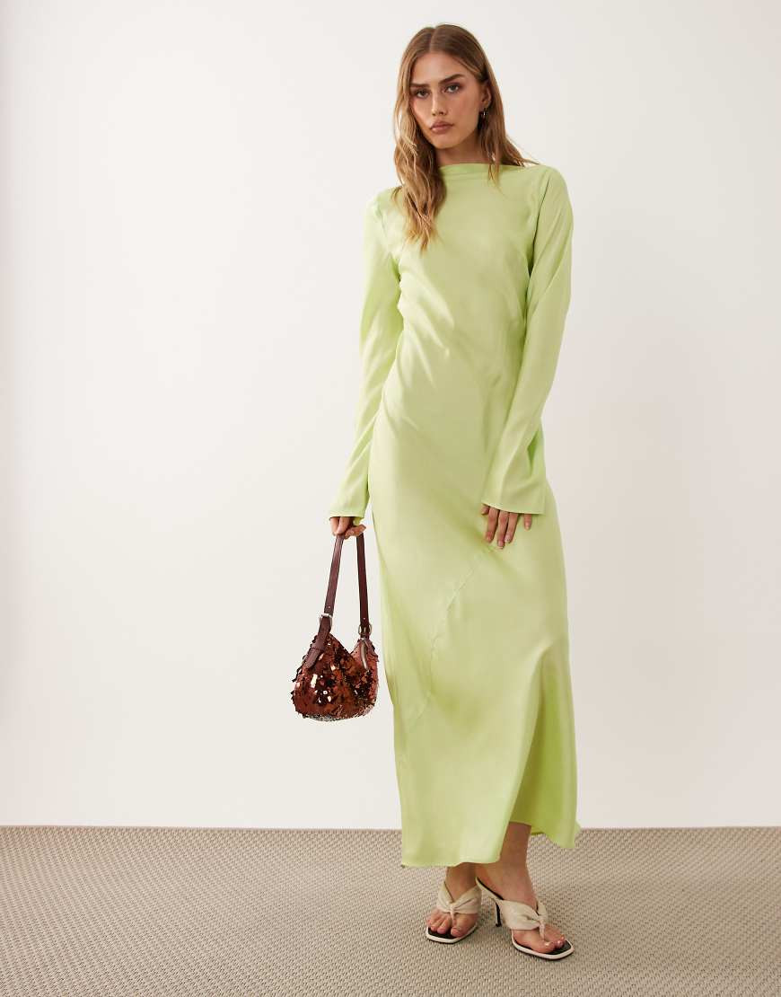 ASOS DESIGN satin slash neck long sleeve maxi dress in lime green-Multi | ASOS (Global)