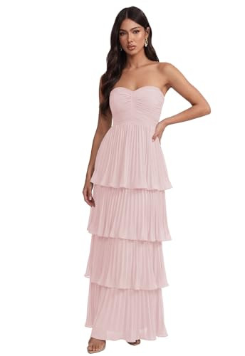 WENKAFO Sweetheart Tiered Prom Dresses for Teens 2026 Pleated A Line Bridesmaid Dress with Ruffle Long Pink Chiffon Formal Gown Size 2 at Amazon Women\u2019s Clothing store | Amazon (US)
