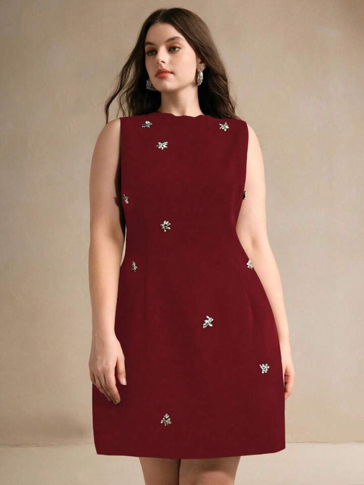 Anewsta Plus Size Round Neck Sleeveless Embellished Waist Elegant Dress | SHEIN