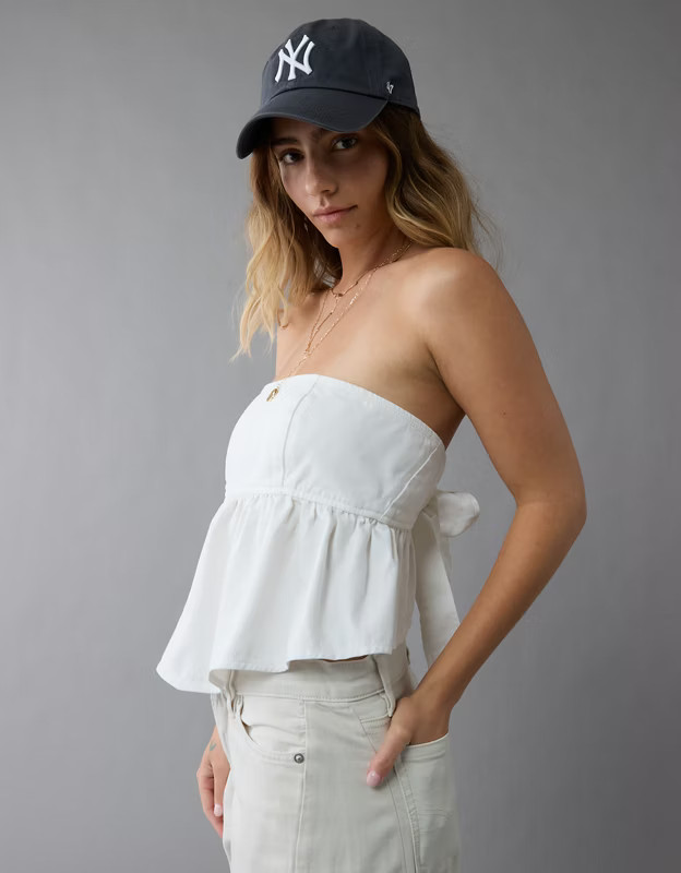 AE Denim Strapless Tie Back Babydoll Top | American Eagle Outfitters (US & CA)