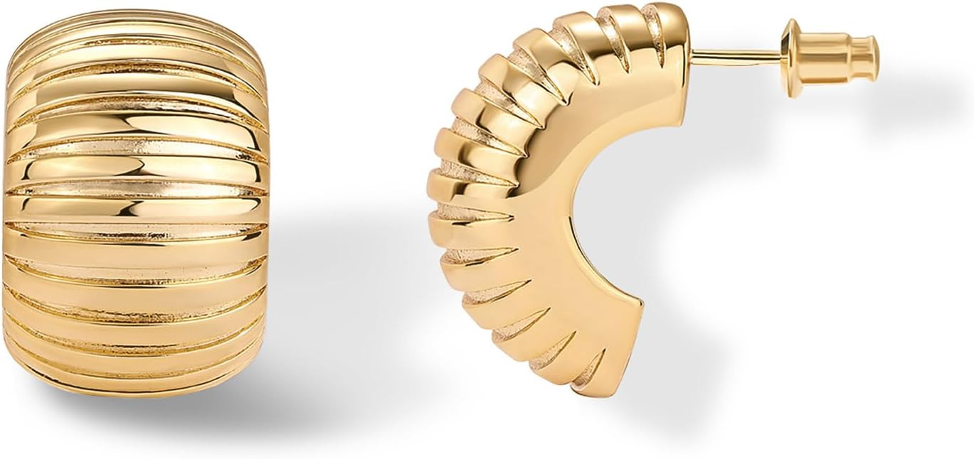 PAVOI 14K Gold Plated Bold Statement Hoop Earrings for Women - Trendy Boho Ribbed Croissant Scall... | Amazon (US)