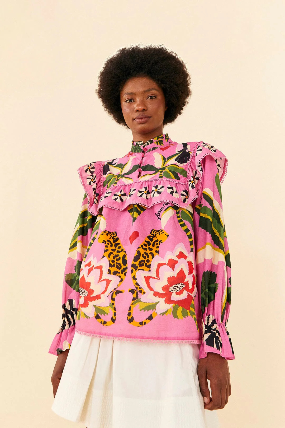 pink leopard forest blouse | FarmRio (US)
