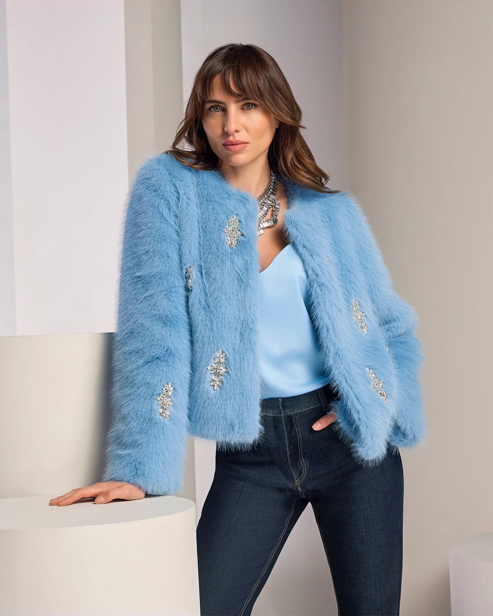 Crystal Embellished Faux Fur Chubby- Airy Blue | Boston Proper