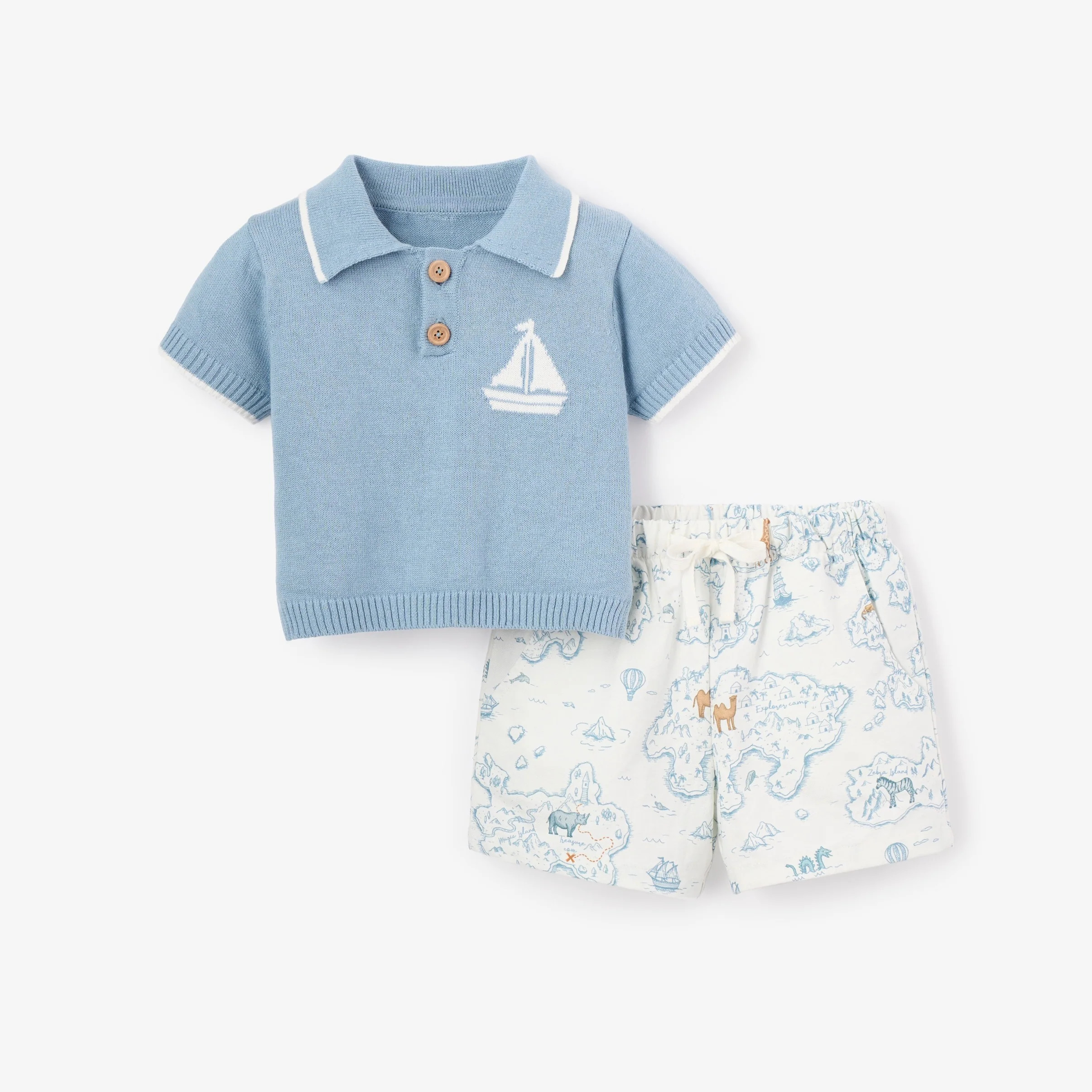 Nautical Knit Polo + Explorer Print Shorts | Elegant Baby