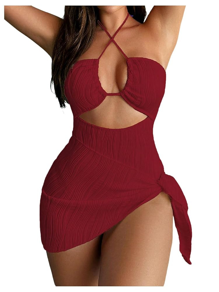 SOLY HUX Women's One Piece Swimsuit Criss Cross Halter Cut Out Bathing Suit with Cover Up | Amazon (US)