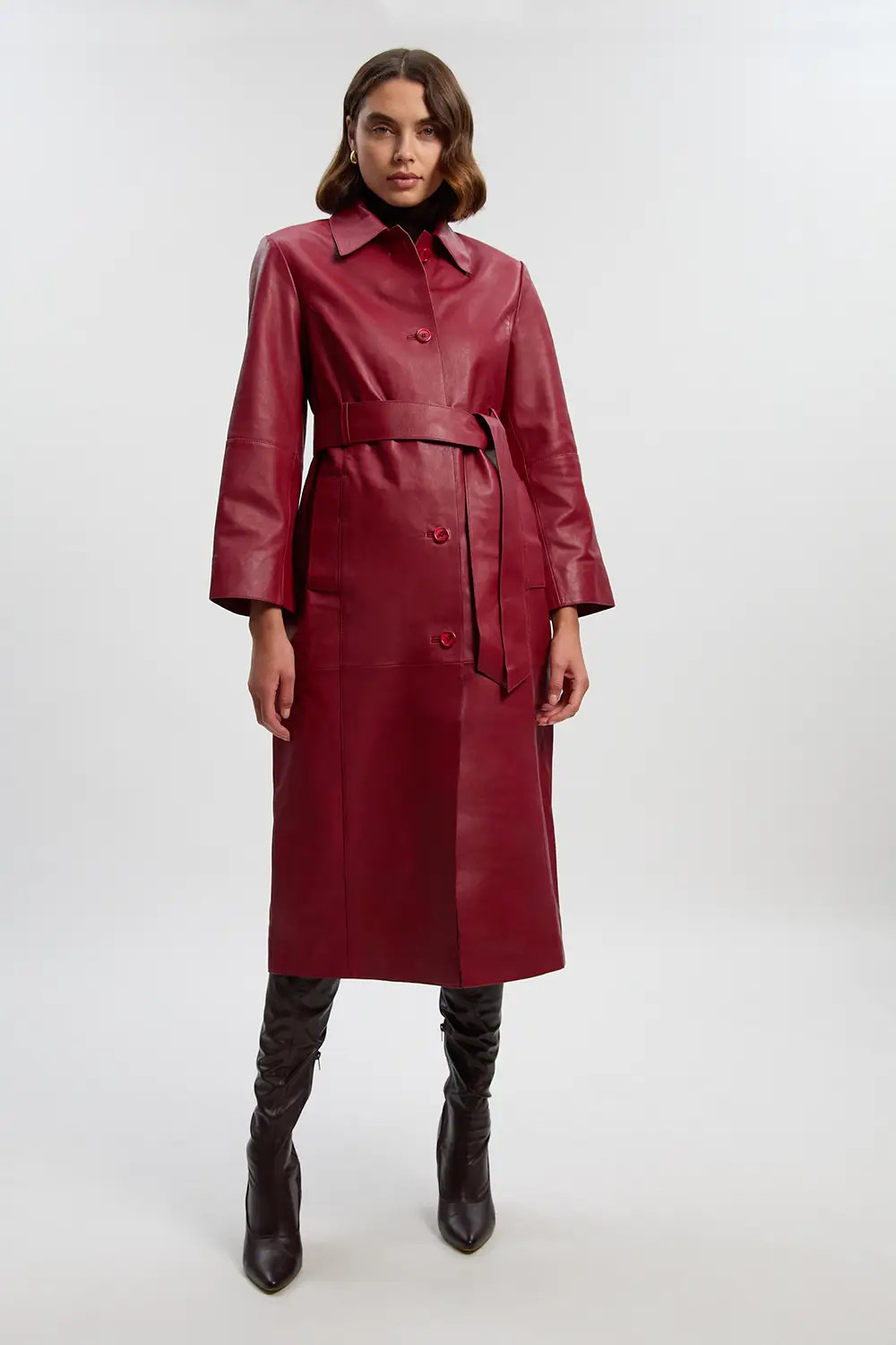 Red Leather Collared Belted Trench Coat | Karen Millen | Karen Millen