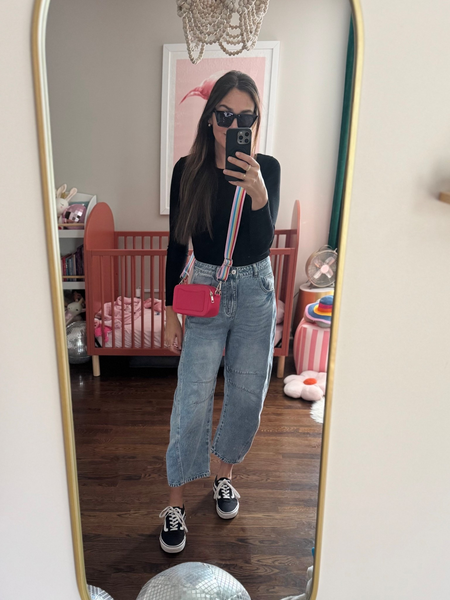 One of my fav pairs of barrel jeans— Wash is “light blue”. Wearing a size 6. Runs TTS. 

Top is a great basic; good thickness, nice stretch, ribbed. Tons of colors. Wearing a medium. On sale today under $15!

Vans, Amazon fashion, rainbow purse 

#LTKmomlife #LTKSaleAlert #LTKootd