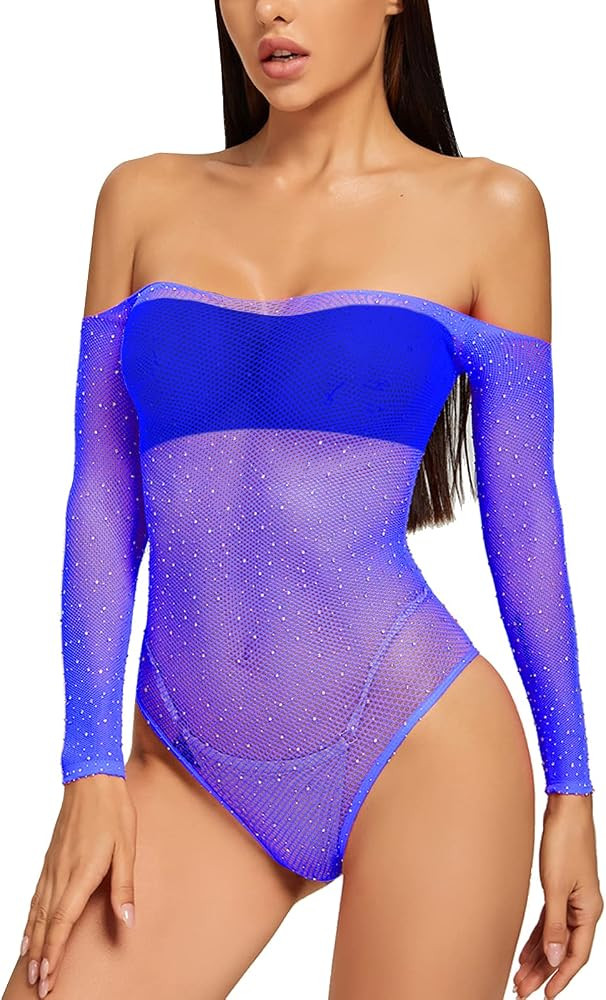 Adove Women Sexy Sparkle Rhinestone Mesh Teddy Fishnet Lingerie One Piece Bodysuit | Amazon (US)