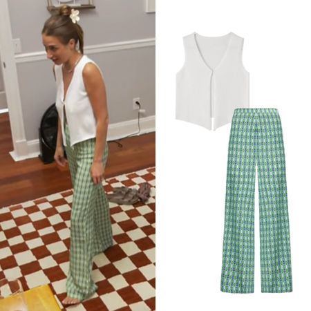 Amanda Batula’s Green Geometric Print Pants and White Top 