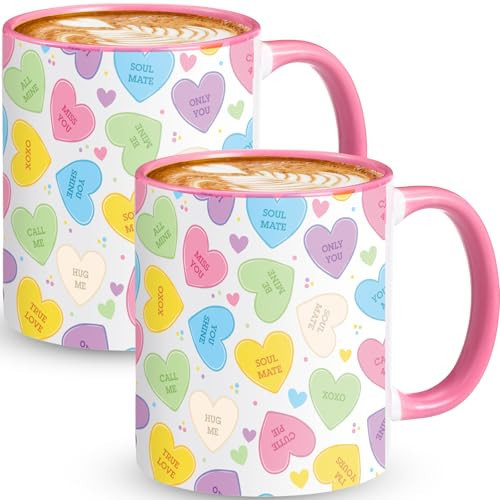 Sliner 2 Pcs Valentines Day Heart Mugs Ceramic Coffee Cups Love Couple Mug Set for Galentine's Day Anniversary Wedding Engagement Couple Gifts(Conversation Heart) | Amazon (US)