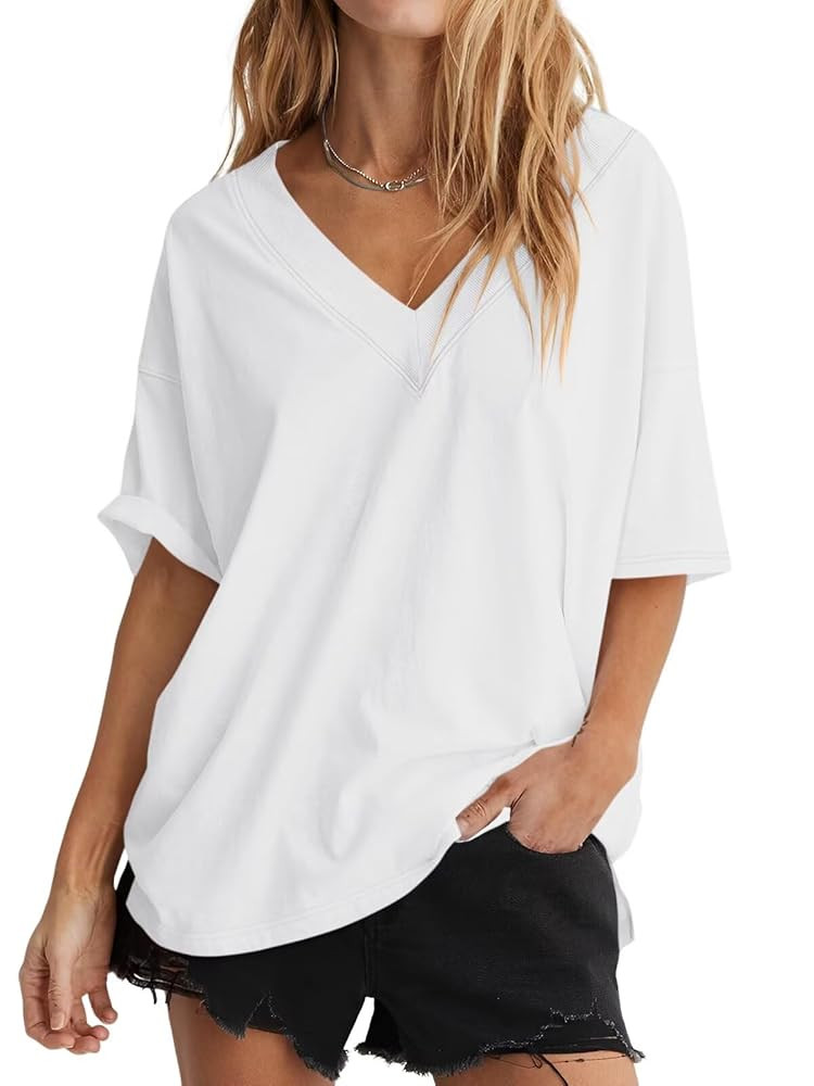 Womens Oversized T Shirts Cotton Short Sleeve Tees Ribbed Trim V Neck Tops Loose Fit Fashion Clot... | Amazon (US)