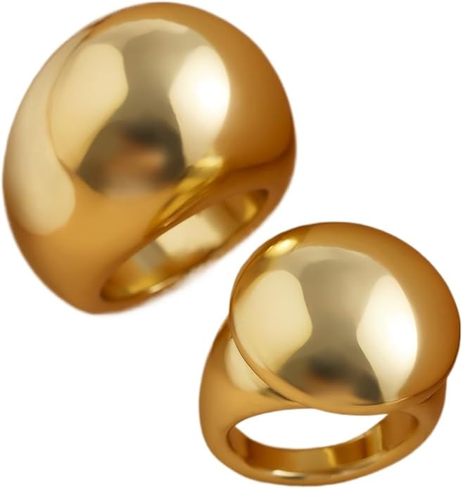 2PCS Chunky Metallic Gold Rings for Women Round Puffy Dome Silver Ring Set Bold Thick Rings Minim... | Amazon (US)
