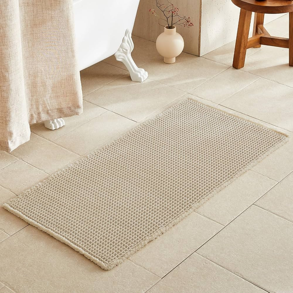 Beige Bathroom Rug, Waffle Bath Mat Non Slip Washable Super Absorbent Quick Dry Boho Farmhouse Ba... | Amazon (US)