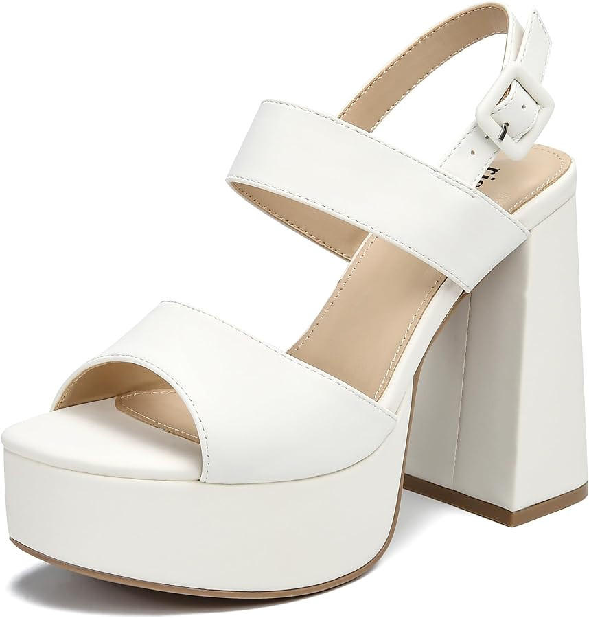 risdoada Platform Heels for Women 4.53 Inches Chunky High Heels Ankle Strap Square Toe Heeled San... | Amazon (US)