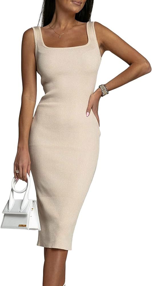 OPOIPIN Women's Square Neck Ribbed Knit Sleeveless Fitted Tank Bodycon Party Midi Dress | Amazon (US)