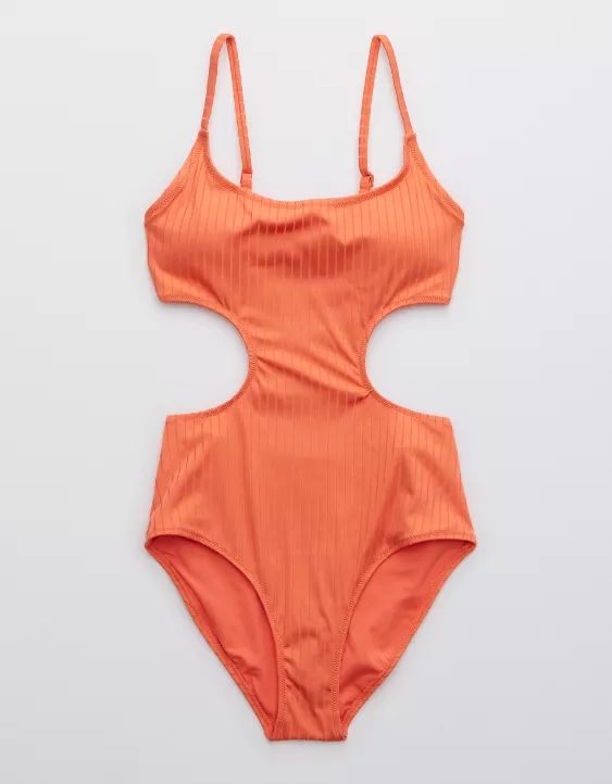 Aerie Ribbed Shine Side Scoop One Piece Swimsuit | American Eagle Outfitters (US & CA)
