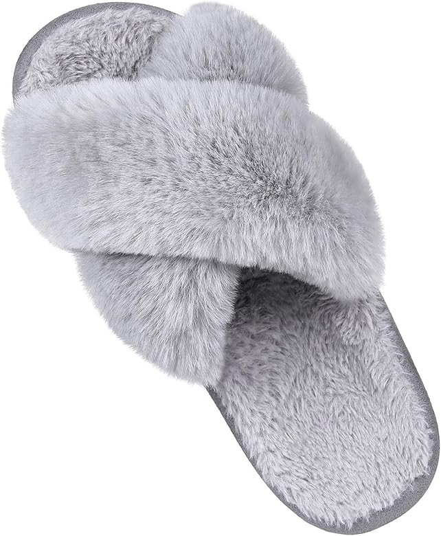 Comwarm Women's Cross Band Fuzzy Slippers Fluffy Open Toe House Slippers Cozy Plush Bedroom Shoes... | Amazon (US)